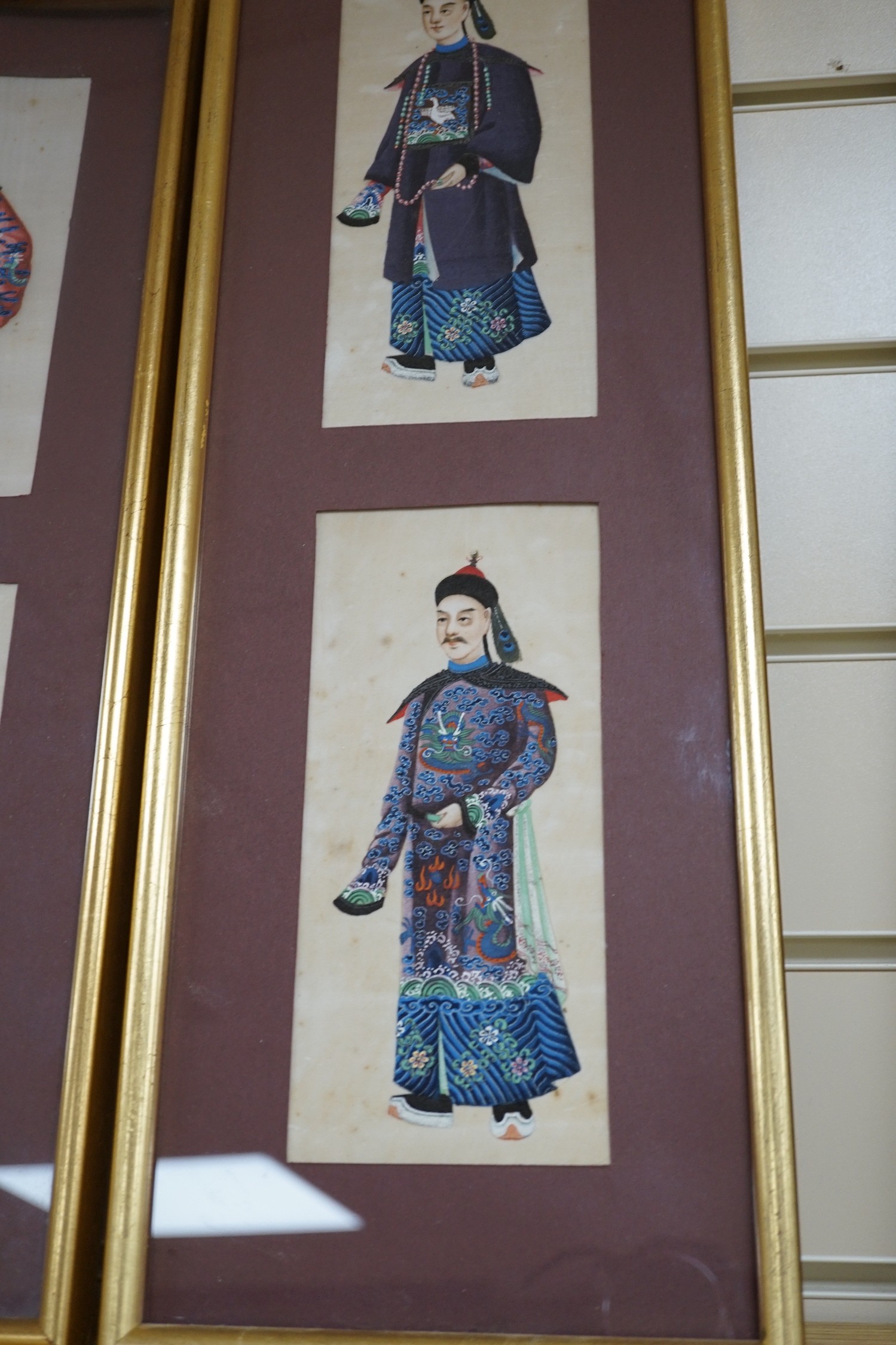 19th century Chinese School, four gouache on pith paper, Studies of noble men, largest 20 x 8.5cm, framed as two